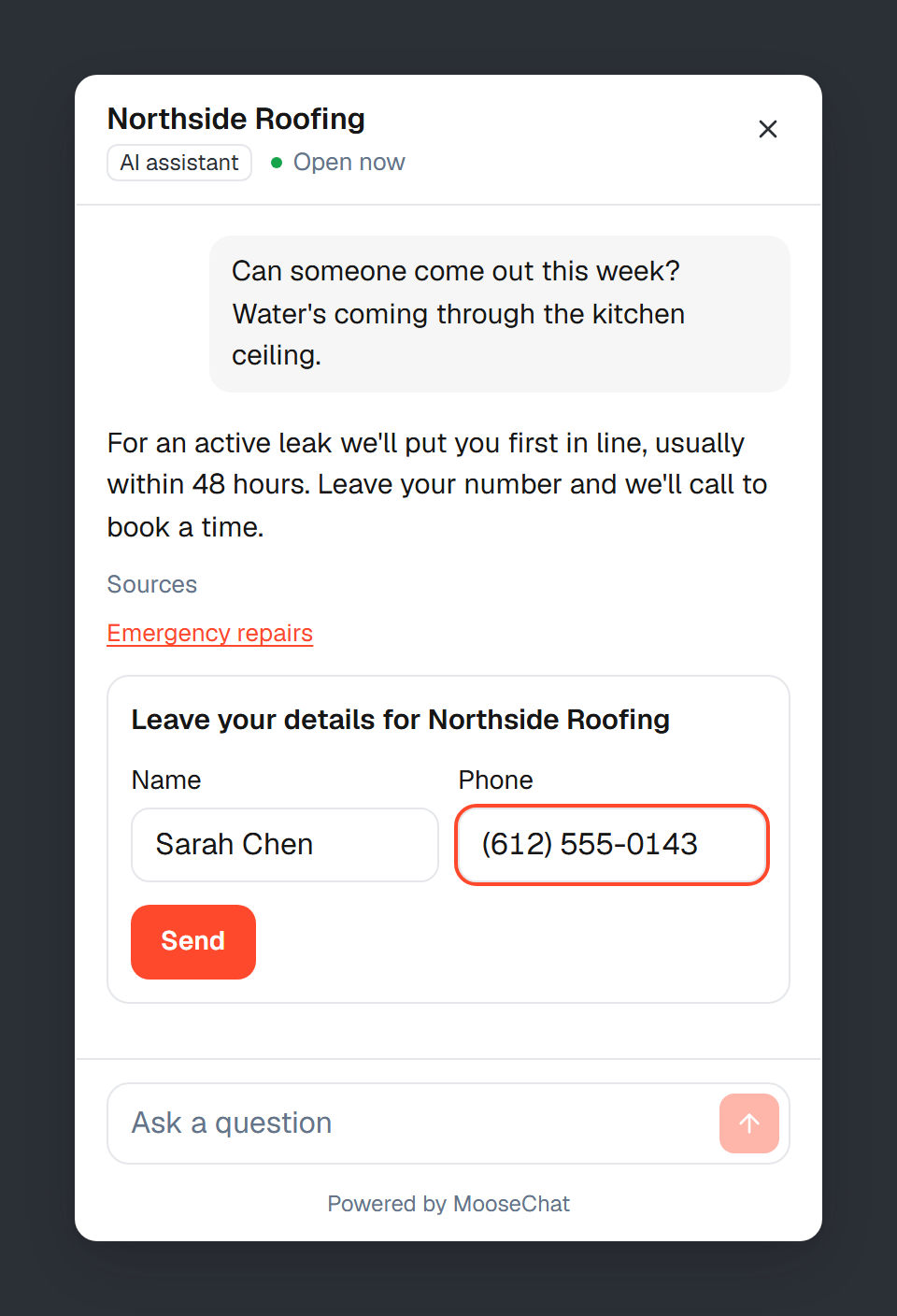 The MooseChat panel for a roofing company. A visitor asks whether someone can come out this week for a leak, and gets an answer with a link to the page it came from that offers to call them back. The lead card below is filled in with their name and phone number.