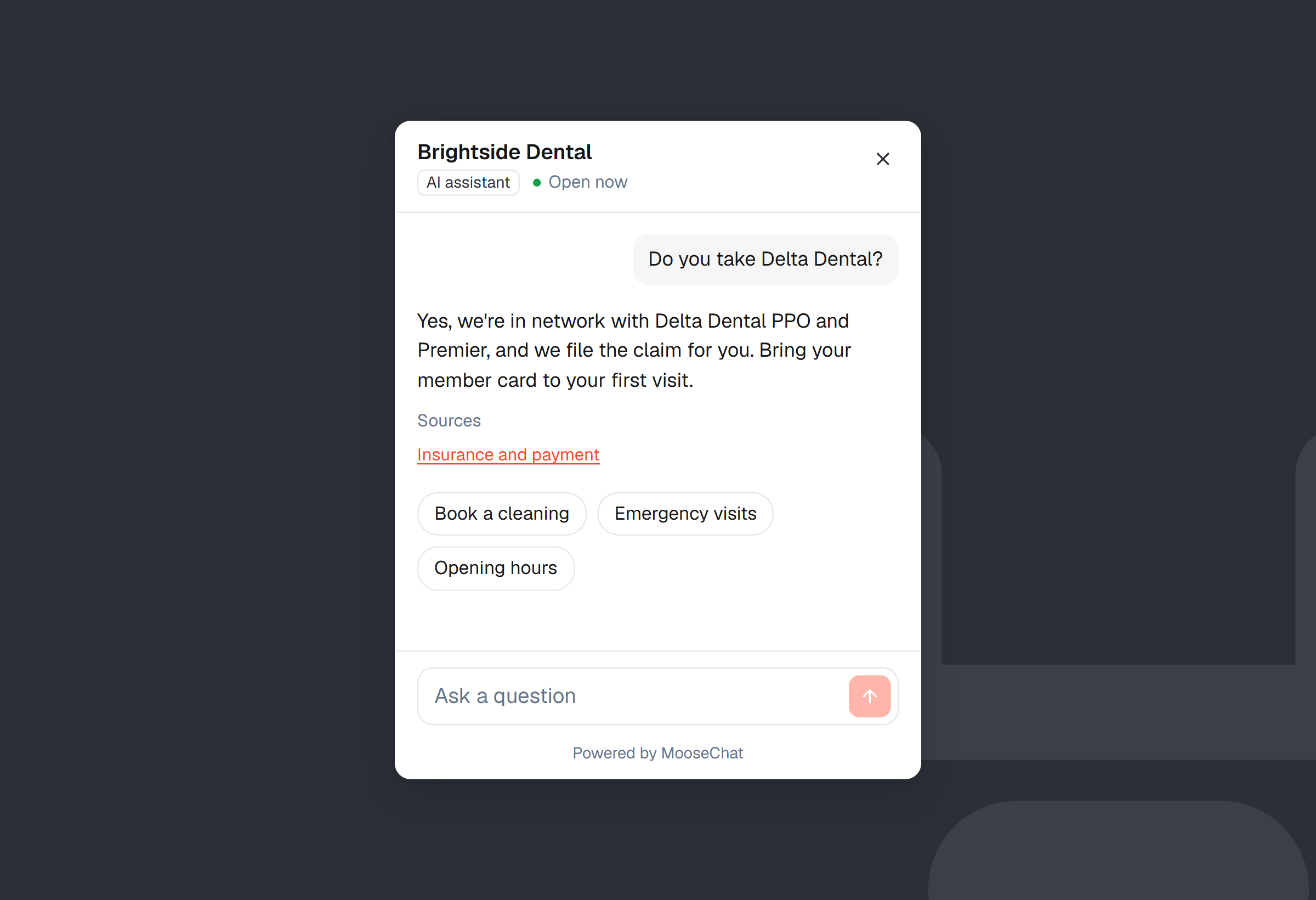 The chat for a dental practice answers that it takes Delta Dental insurance, with its source, and suggests three questions: book a cleaning, emergency visits, opening hours.