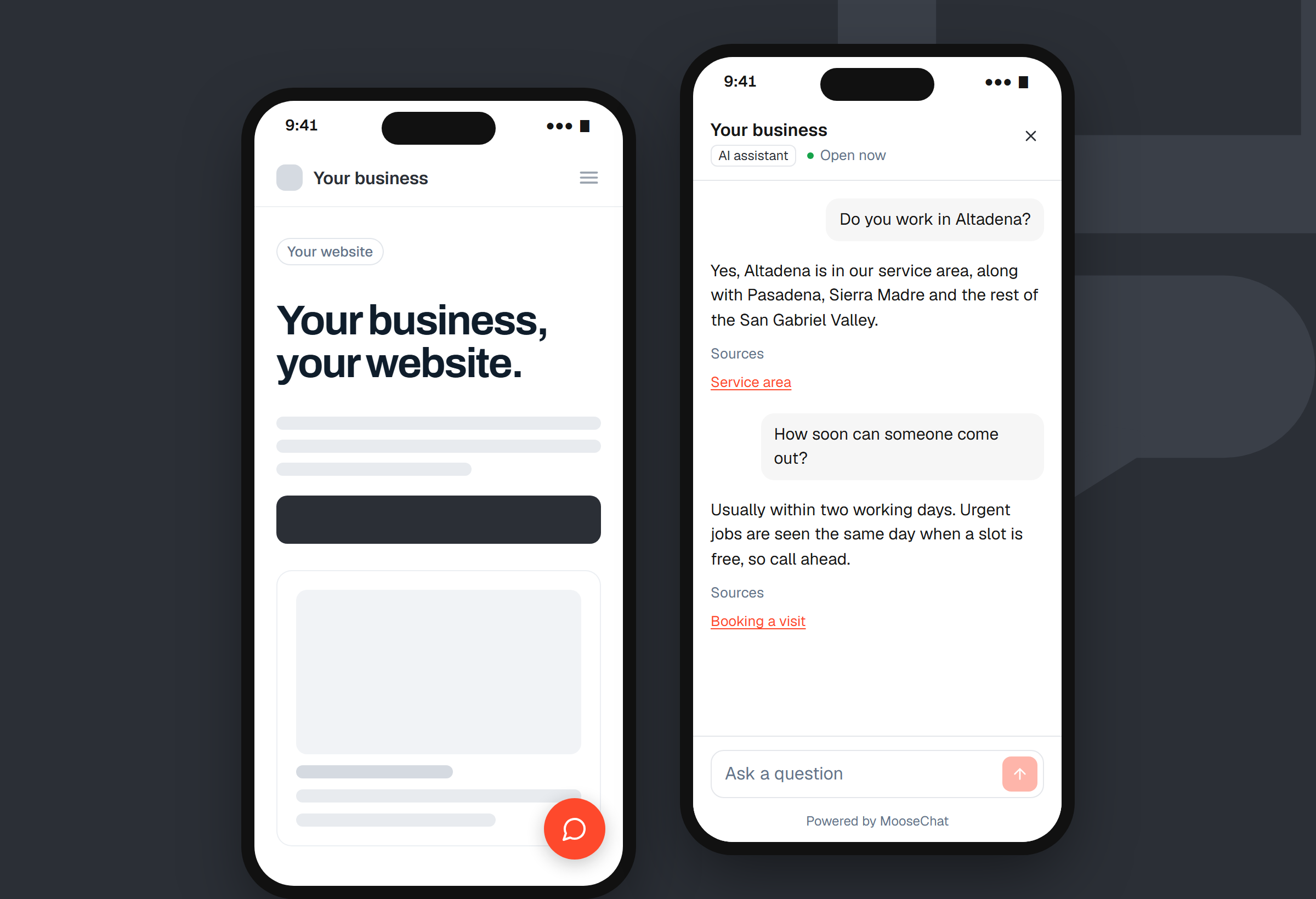 Two phones. One shows a business website with the chat button. The other shows the chat full screen, answering whether they work in Altadena and how soon someone can come out.