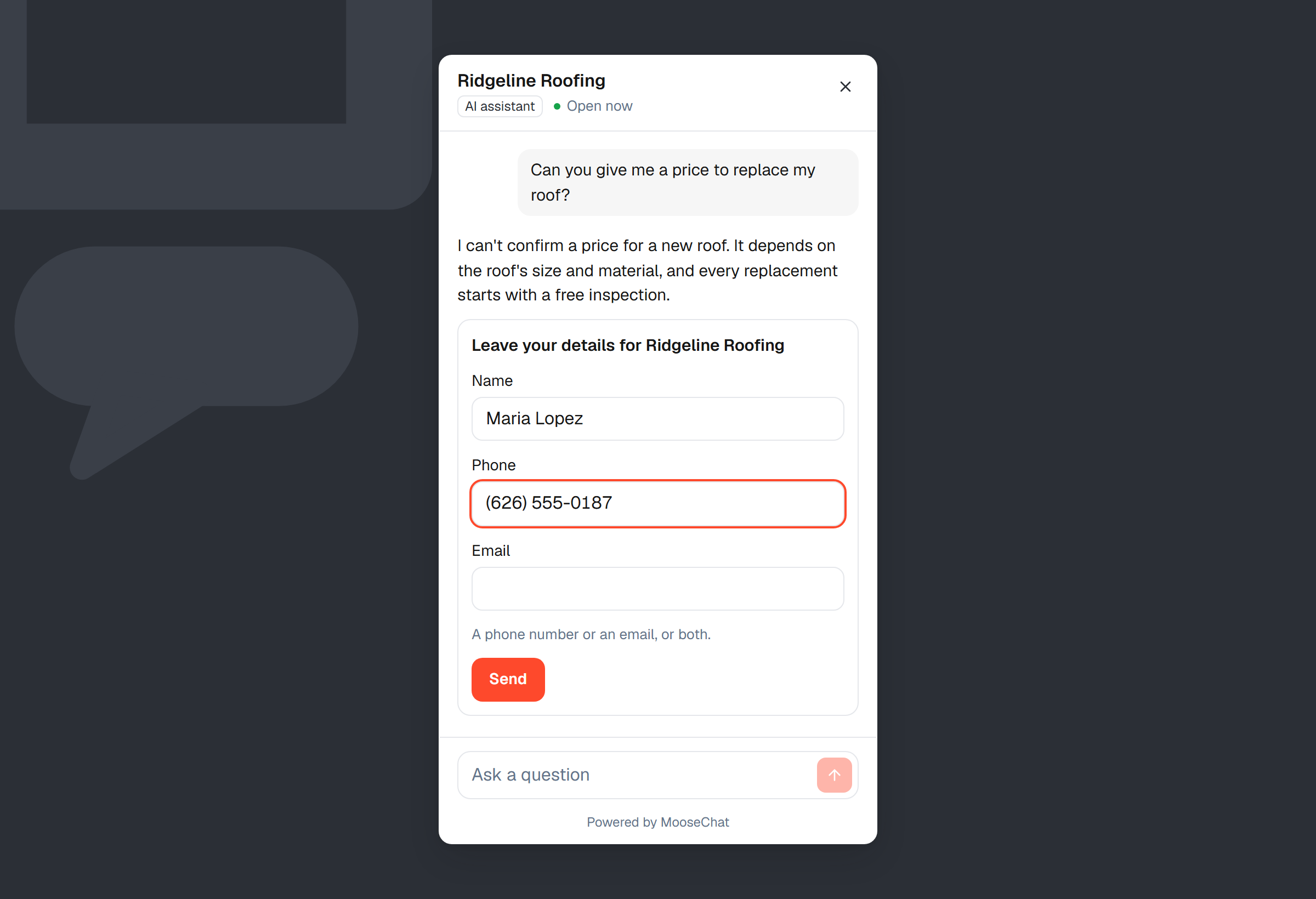 The chat can't give a roof replacement price, so it offers a form. The visitor has typed their name and phone number.