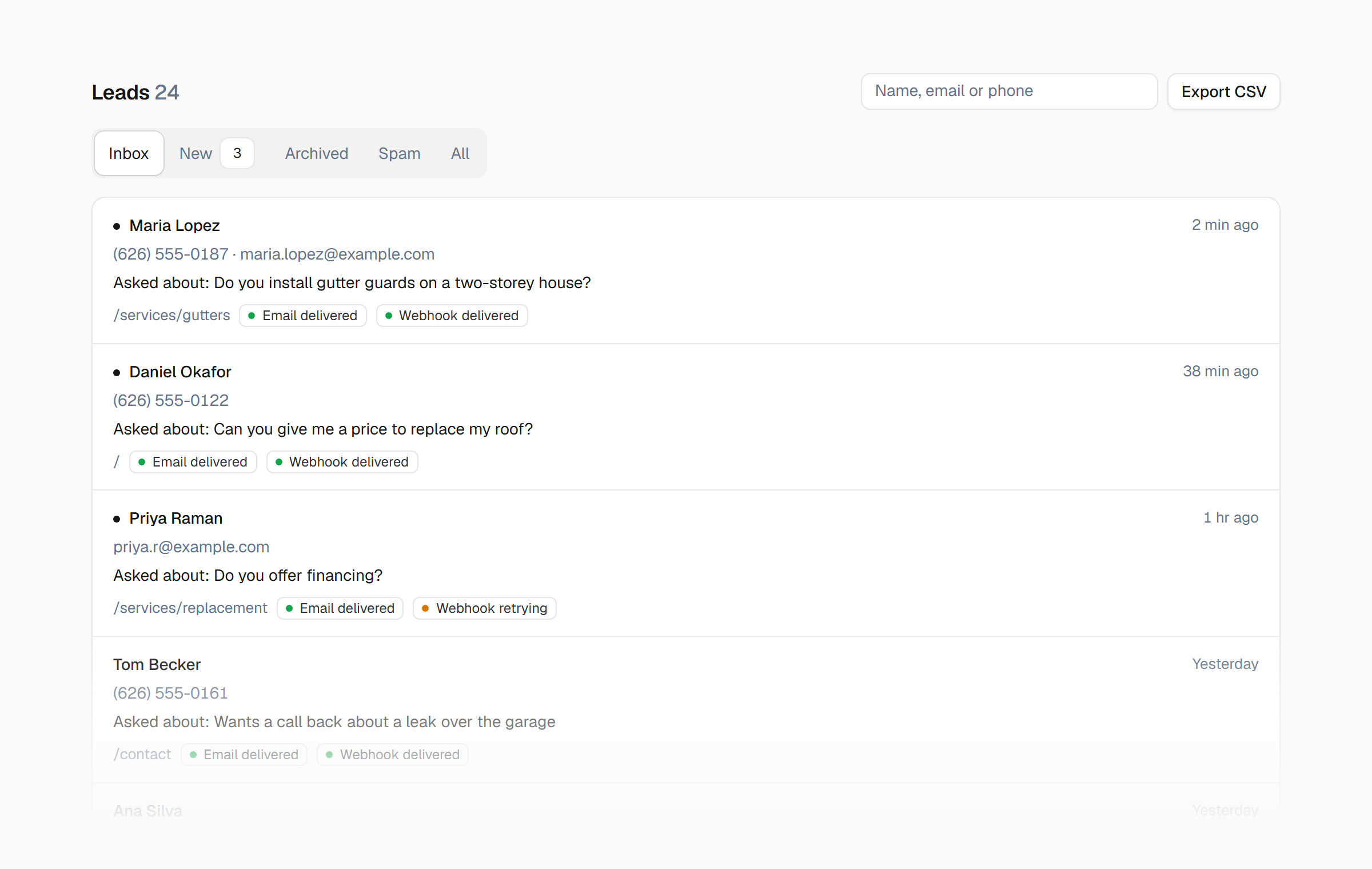 The Leads inbox with five leads. Each shows the visitor's name and contact, what they asked, the page, and whether the email and webhook were delivered. One webhook is retrying.
