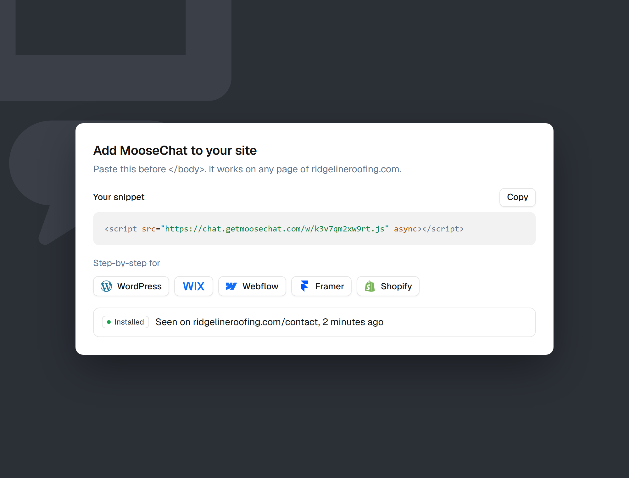 The one-line script tag to paste, guides for WordPress, Wix, Webflow, Framer and Shopify, and a green Installed status.