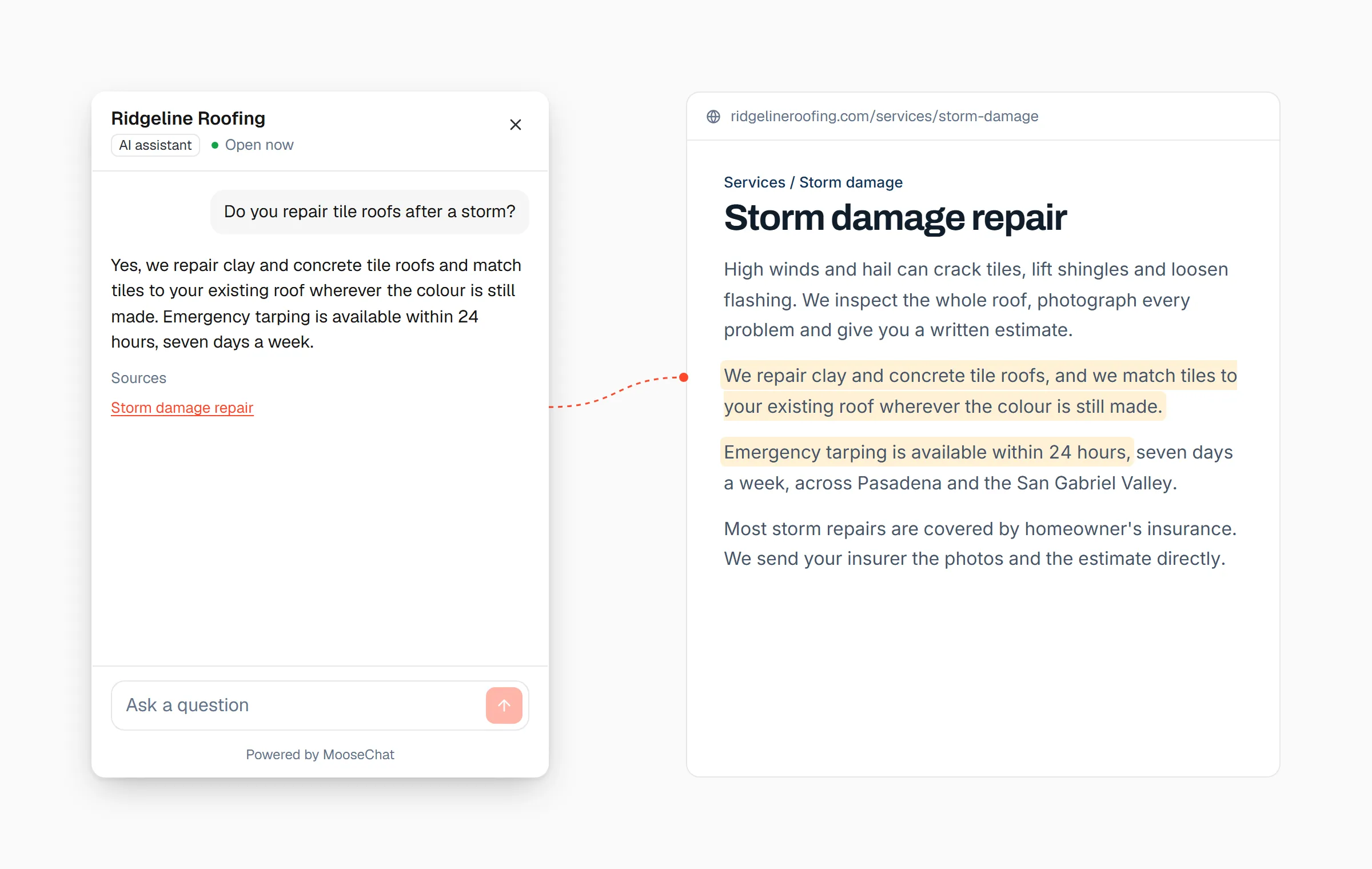 A MooseChat answer for a roofing company with a link to its storm damage page, and the sentences on that page that the answer came from highlighted.
