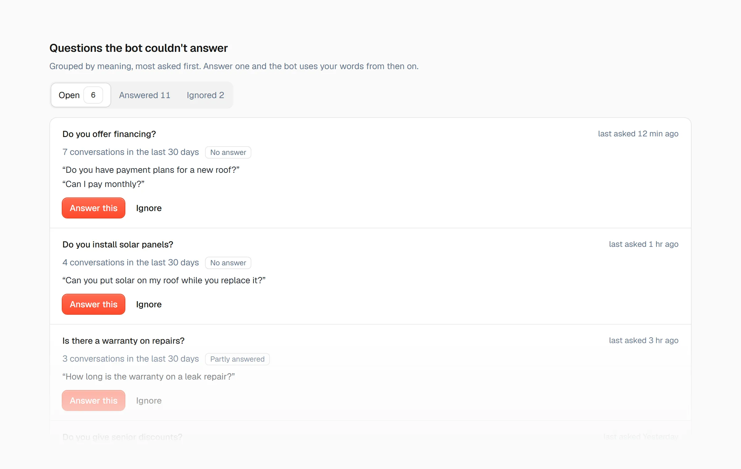 MooseChat’s list of questions the bot couldn’t answer, grouped by meaning: financing asked in 7 conversations, solar panels in 4 and repair warranties in 3, each with an Answer this button.