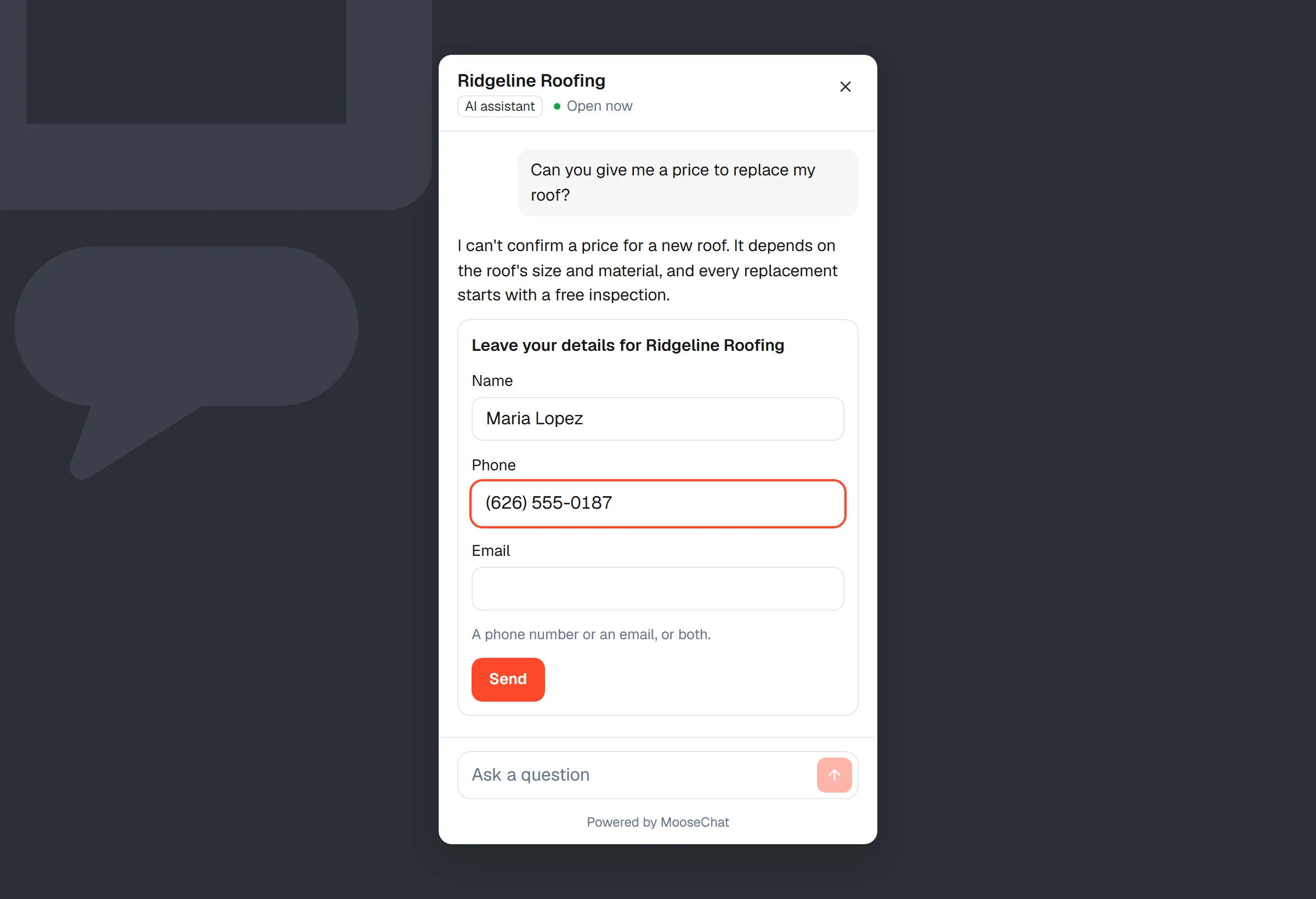 MooseChat telling a visitor it can’t confirm a price for a new roof, with a form under the answer asking for their name, phone and email.