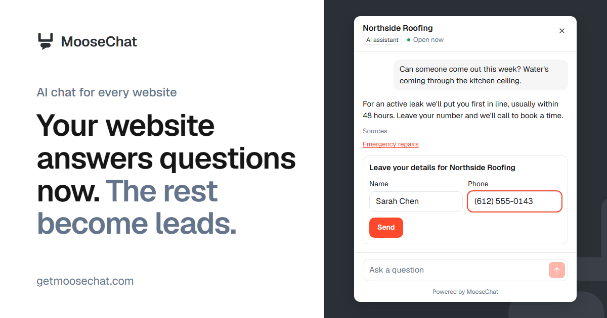 I built MooseChat. An AI chatbot for websites that only answers from the site's own pages, and turns